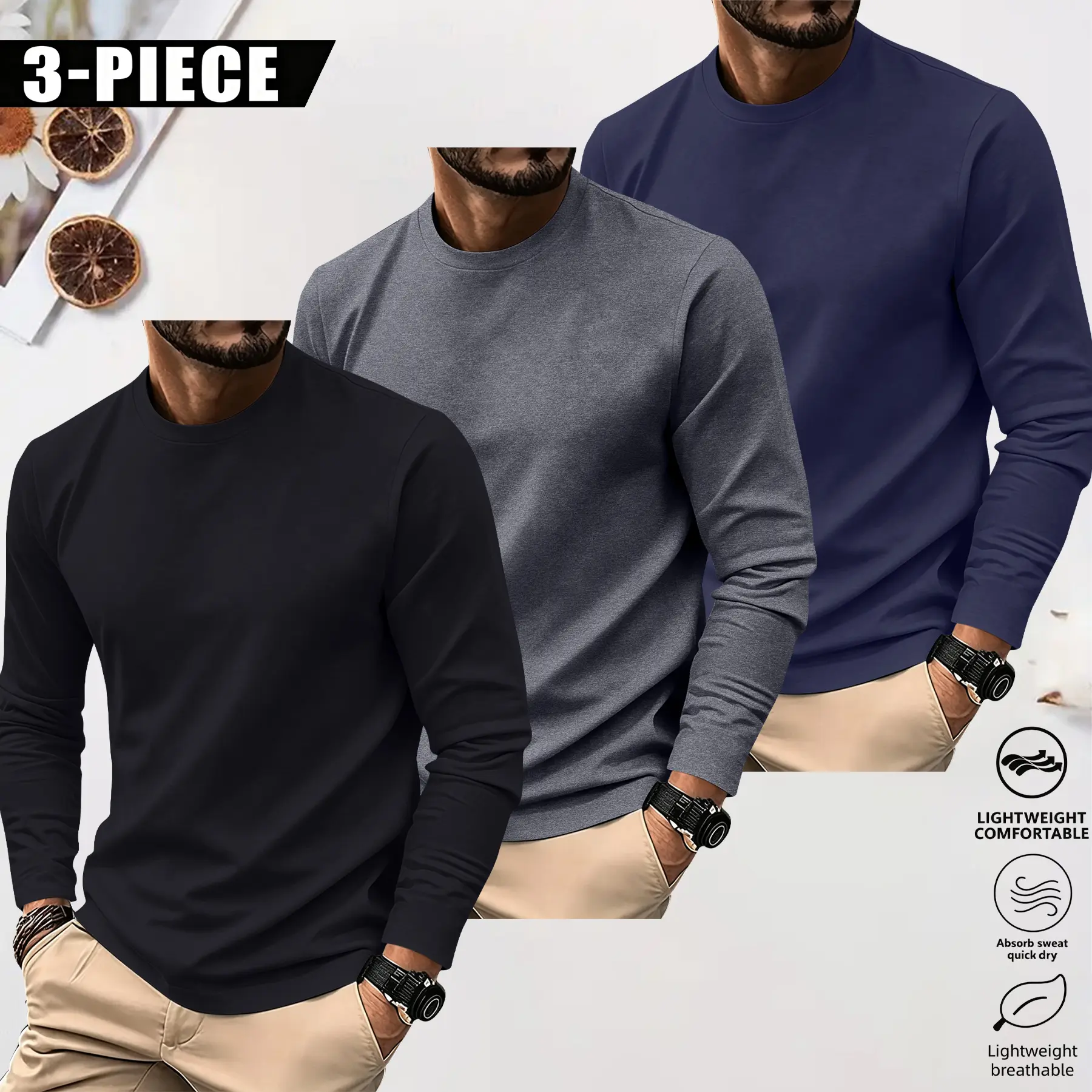 Men's Long Sleeve T-Shirt 3-Pack, Vintage-Style Polyester Athletic Tops, Fitted Extended Length Cut, Quick-Dry & Breathable, Tshirt, Outdoor, Round Neck, Plain