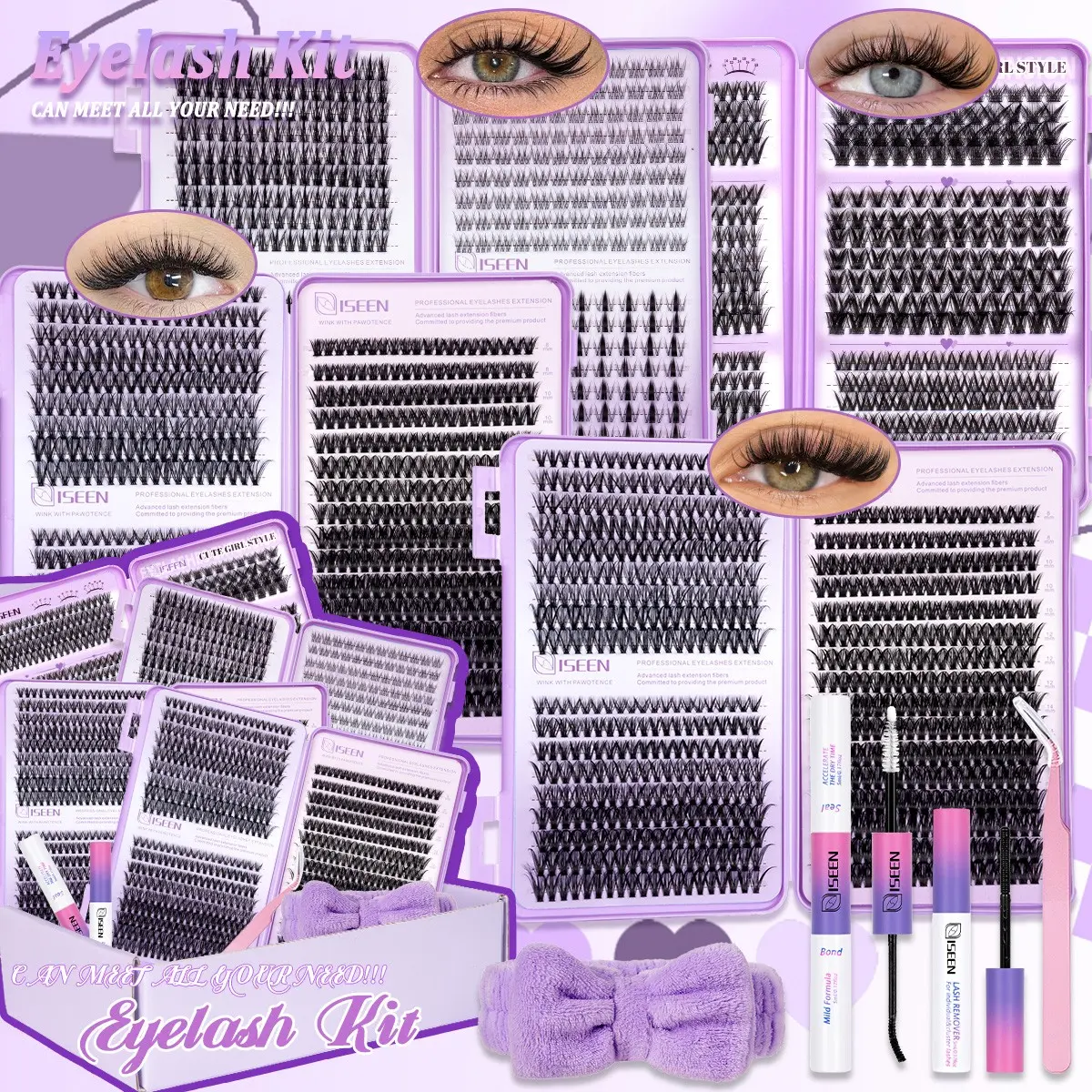 1936pcs Lash Clusters Kit, Eyelashes Clusters Extensions,8-18 mm D Curl 30D/40D/50D/80D/100D Natural Volume Individual Eyelashes Set with Bond & Seal, Brush,Hairband and Tweezers, for DIY at Home for Women and Beginners, Fluffy Volume Eyelashes