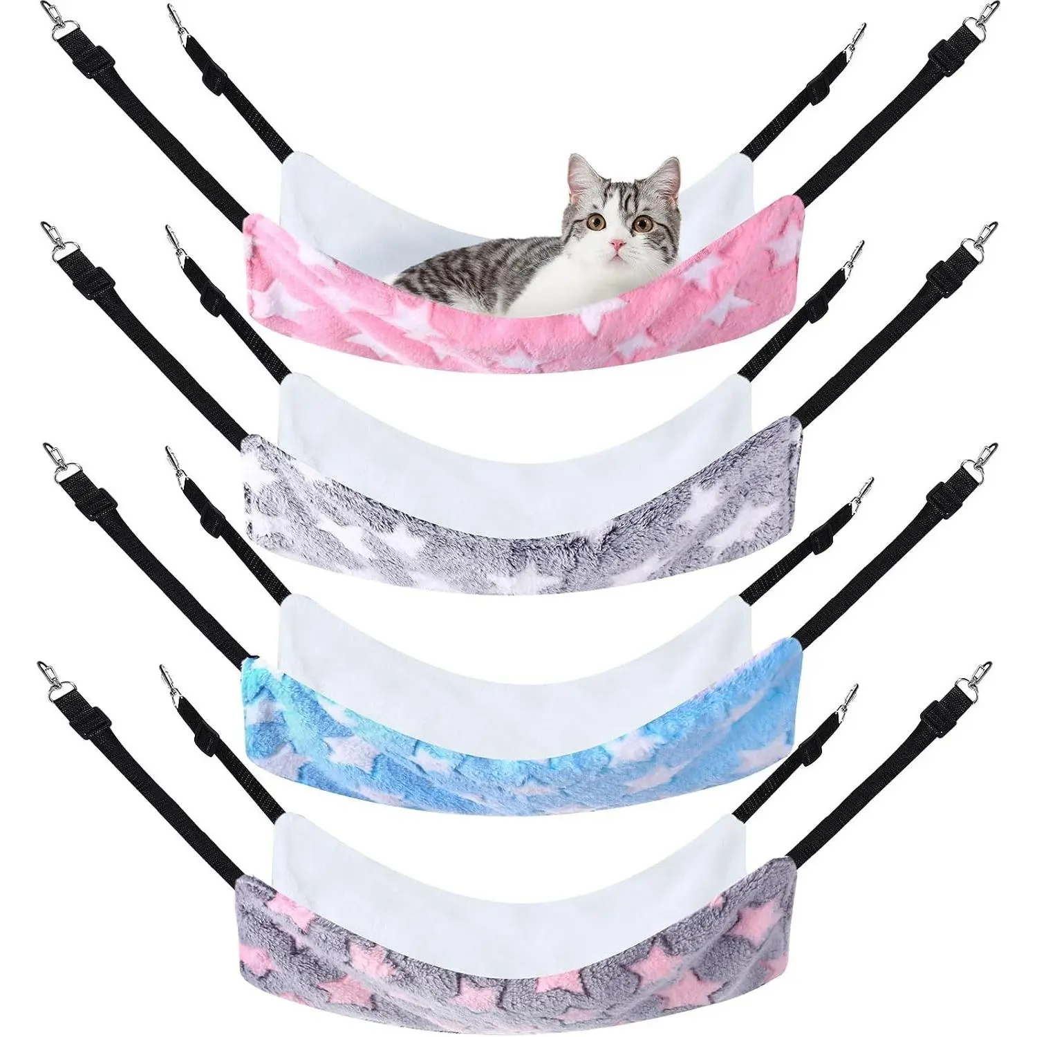 4 Pcs Cat Hammock for Cage Soft Hanging Pet Hammock Bed with Adjustable Straps and Metal Hooks Double Sided Bed for Large & Small Cats Ferret Rat Sugar Glider(Large Star,16 x 20 Inch)