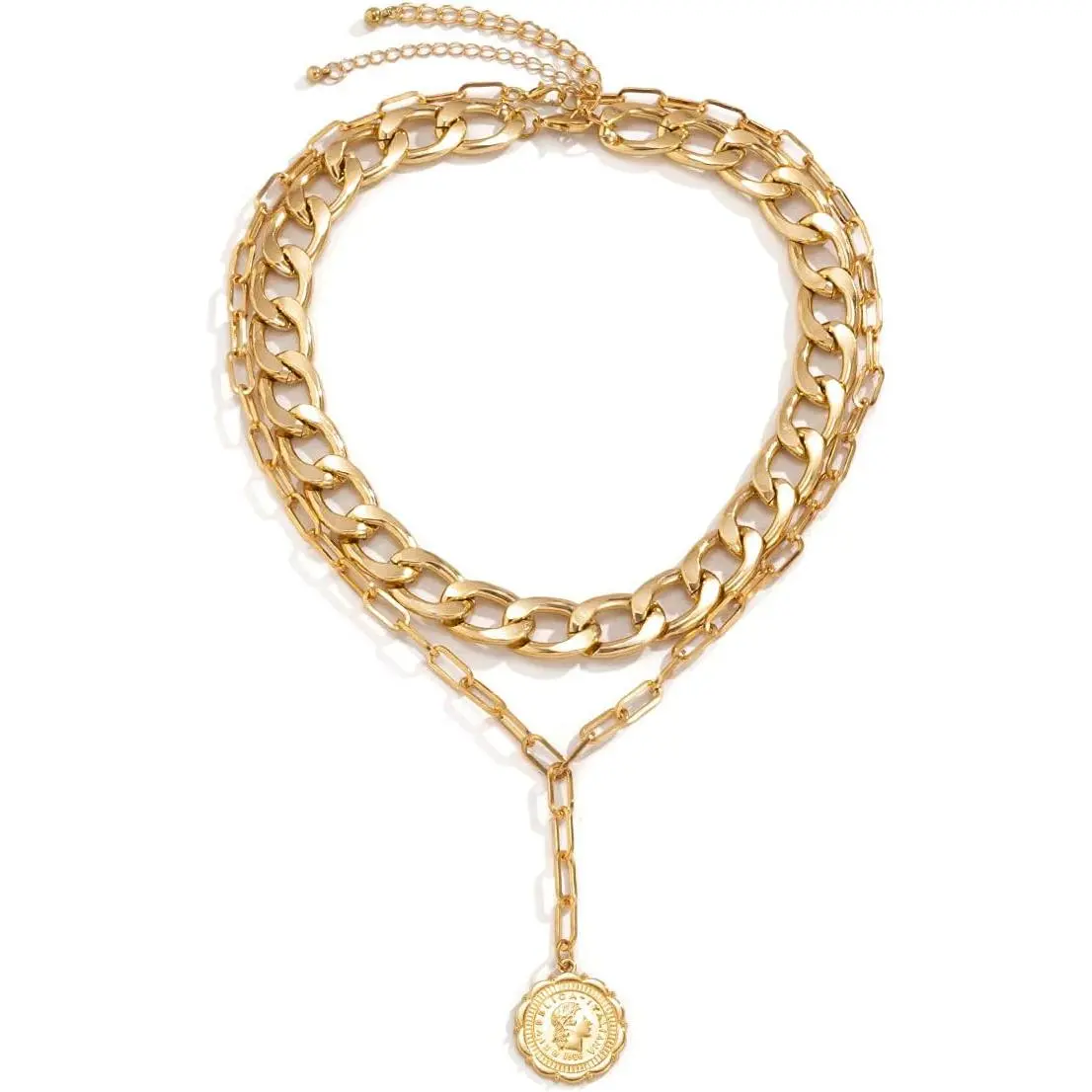 Gold Layered Chain Necklace for Women, Boho Choker with Chunky Cuban Link, Dainty Paperclip, and Coin Pendant, Chain & Link