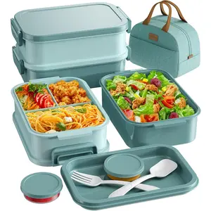 KEMETHY Adults Bento Lunch Box Set with Thermo Bag, 74oz Stackable Leak-proof 3-Tier, Built-in Utensil & Sauce Container, Suitable for Work School Dining Out (Green)