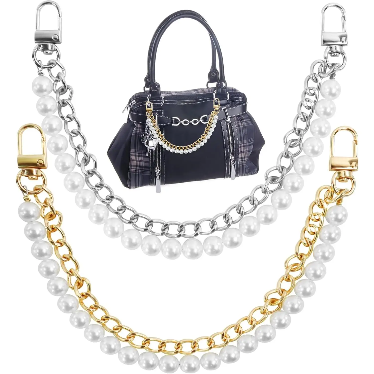2 Pcs Pearl Purse Chain Handbag Accessories - Metal Crossbody Strap, Short Shoulder Handle Replacement, Handbag Charm with All Seasons Contemporary Appeal (Gold and Silver)