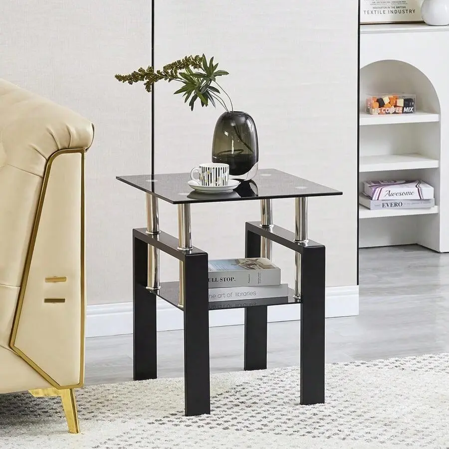 Glass Side Table 2-Tier Modern Glass Top Corner Table Living Room Side Table With Metal Leg For Living Room, Dining Room, Bedroom,Adjustable,Mobile,Standing,entryway,gaming,desk,office,,affordable,vanity,,coffee,set