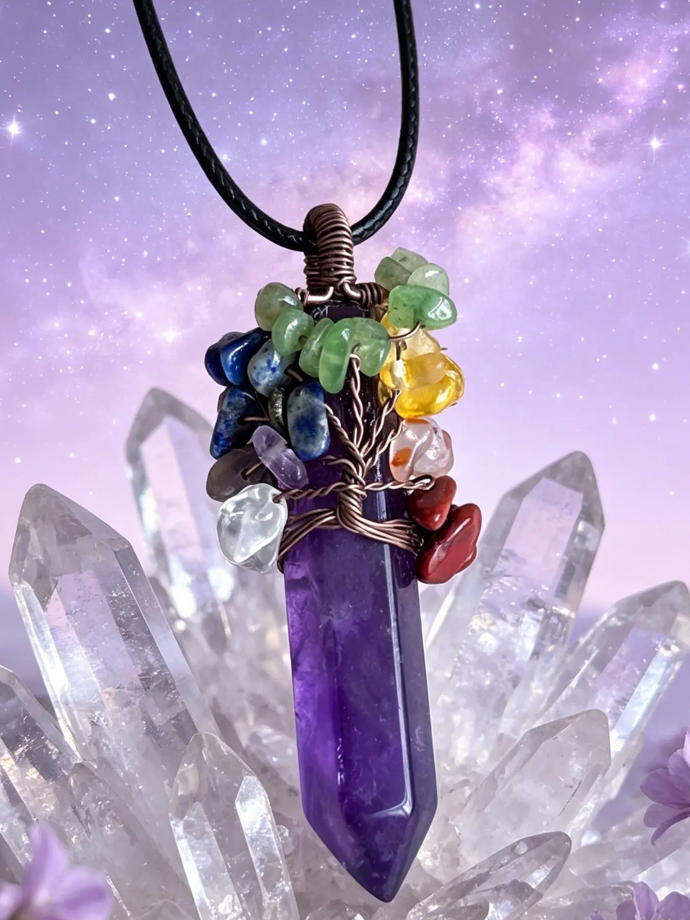 7 Chakra Life Tree Clear Quartz Crystal Necklace Women Wire Wrapped Natural Gemstone Stones Pendant Necklace Jewelry Gifts