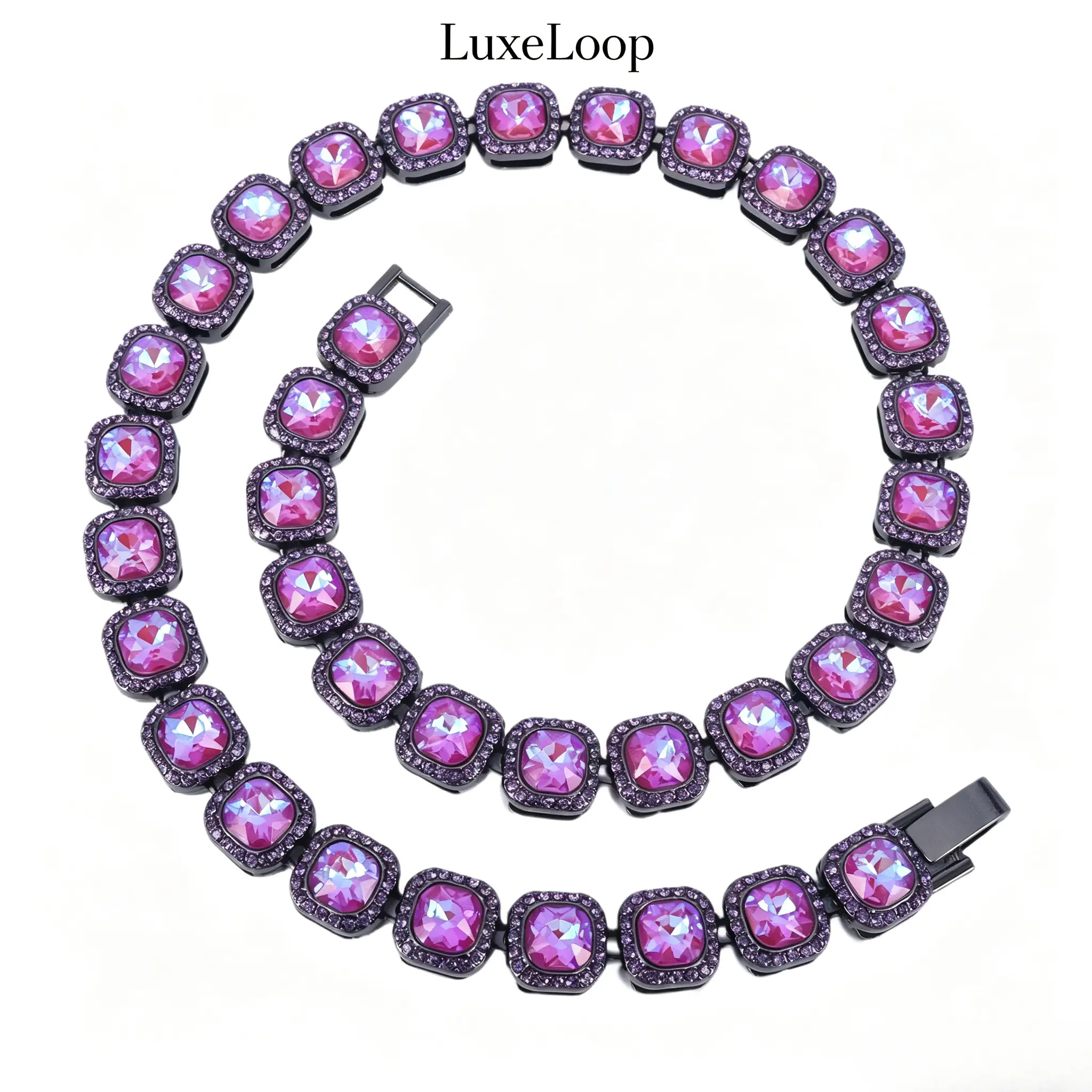 LuxeLoop Unisex Bust Down 12mm Square Sugar Cube Tennis Necklace Full Inlaid Colorful Mocha Glass Crystal Silver Gunmetal Tone Secure Box Clasp Stackable Y2K Coquette Aesthetic Hip Hop Drip Rapper Celebrity Style Daily Club Birthday Valentine Gift for Him