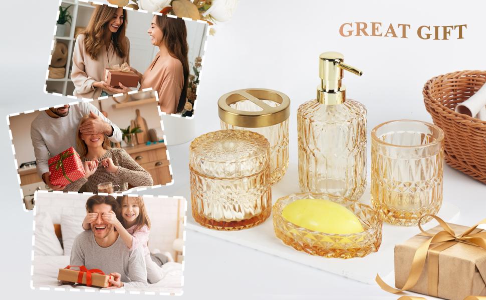 Bathroom Accessories Set, 5Pcs Gold Glass Bathroom Accessories Set with Gold Soap Dispenser, Soap Dish, Toothbrush Holder, Tumbler, Cotton Swab Jars