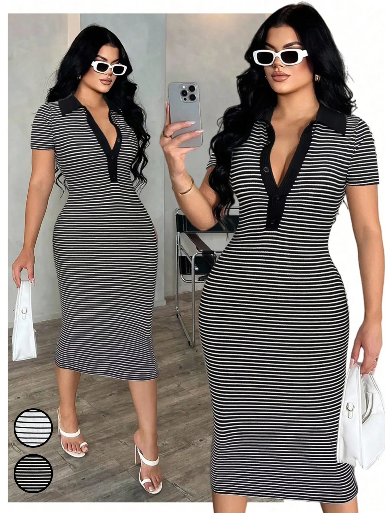 Women's Casual Striped Polo Button Front Bodycon Stretch Mid Dress,  French Elegant Knit Short Sleeve Mid-Length Dress,Comfortable Fit, Perfect for Daily Wear, City Break,Stylish and Versatile Design, Womenswear