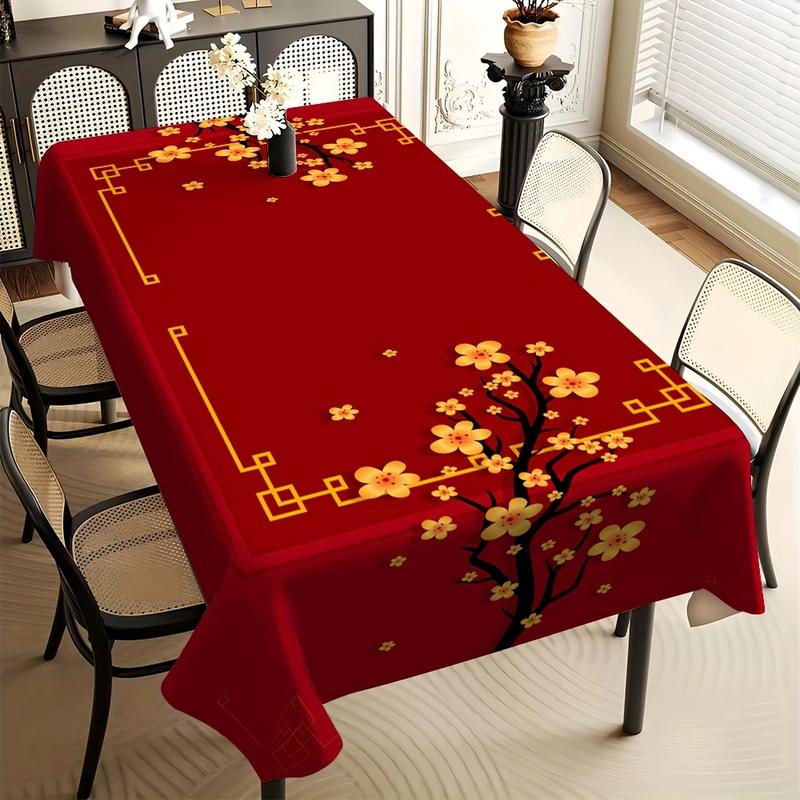 A Flat 2D Banner, 1pc of Red Plum Blossom Tablecloth - a Traditional Chinese Square Polyester Table Cover with a Golden Branch Design, Made from Machine-Washable And Easy-To-Clean Material, Suitable for Indoor And Outdoor Parties