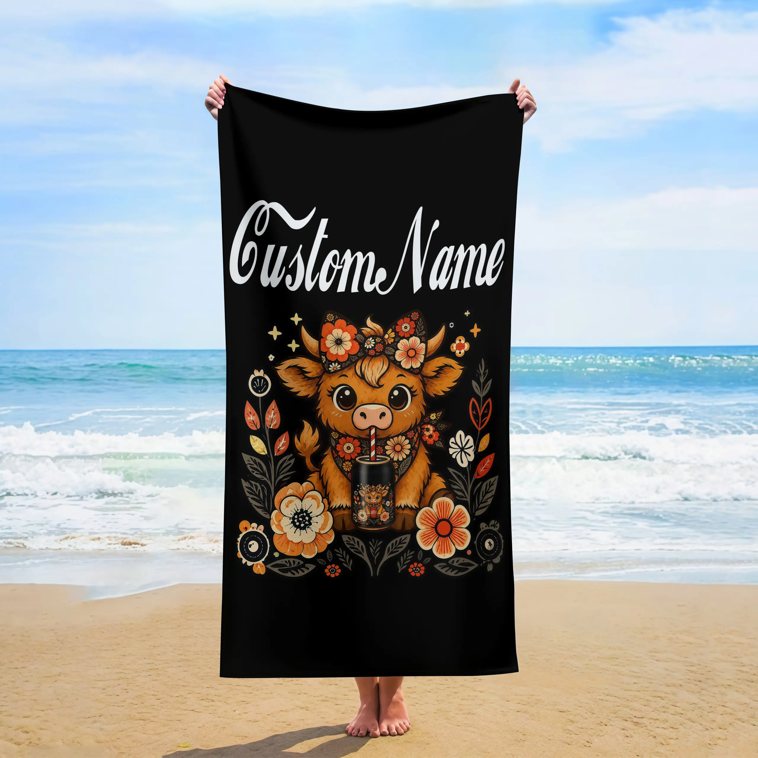 Personalized Custom Name Highland Cow Bath Towel - Large Polyester, Quick-Dry, Soft, Absorbent, Lightweight, Unisex, Black Vintage Floral Print, Retro Cute, Fluffy, Birthday Gift for Her, Ideal for Pool, Summer Camping