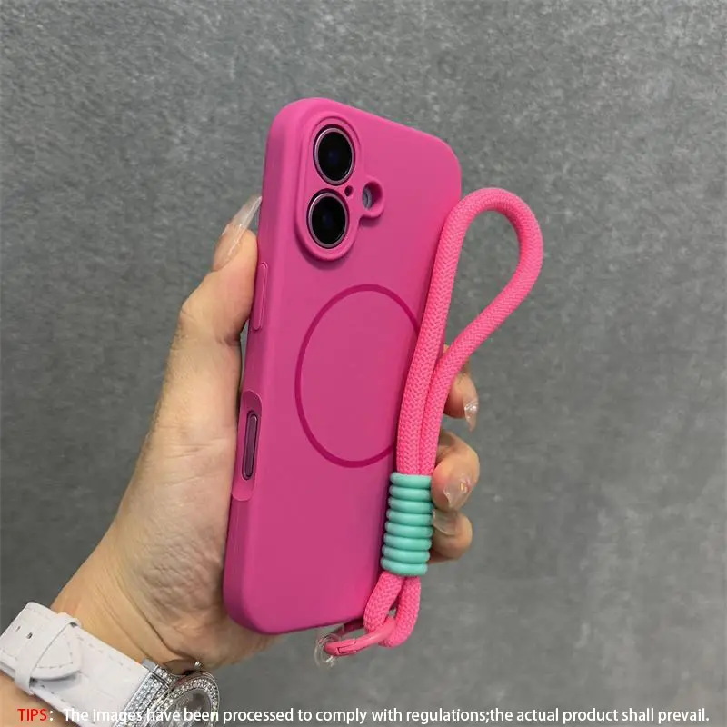 Magsafe Magnetic Liquid Silicone Case with Wrist Strap, Shockproof Protective Cover for Apple iPhone 17 16 14 13 12 Pro Max Plus Wireless Accessories