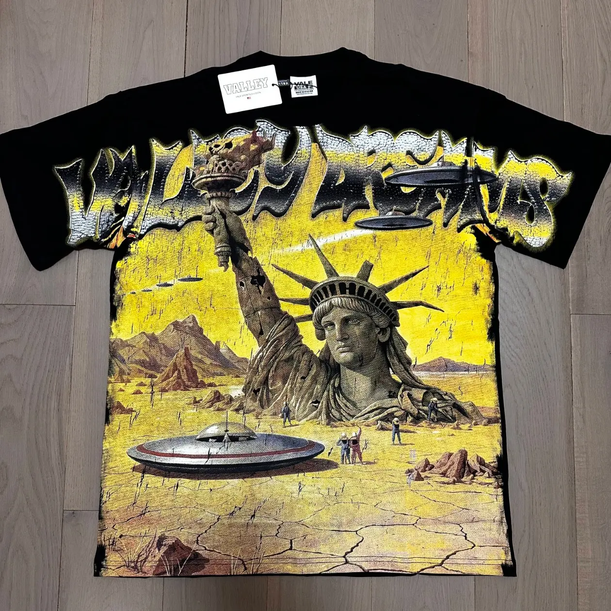 VALE Statue of Liberty UFO Graphic T-Shirt, Pure Cotton Tee, Unisex Oversized Streetwear Short Sleeve Top, Y2K Retro Summer Casual Fashion