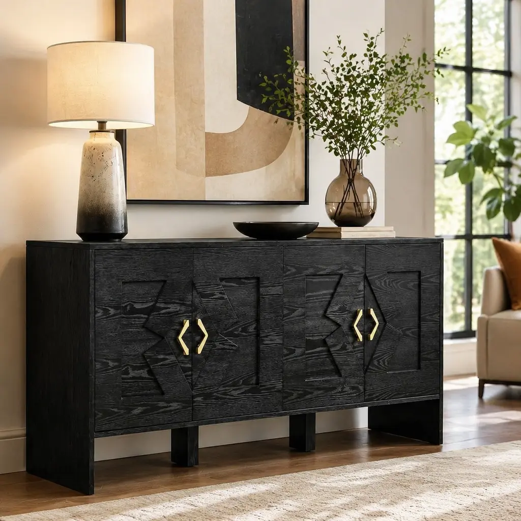 60"w x 15.75"d x 31.5"h Mid-Century Modern Wood Sideboard Buffet Cabinet, Geometric Fluted Diamond Design, MDF Build, Adjustable Shelves, Built-In Outlet Holes, Black, 84.26 lbs, Assembly Required, Clean with Soft Cloth, for Living Room, Kitchen, Living R