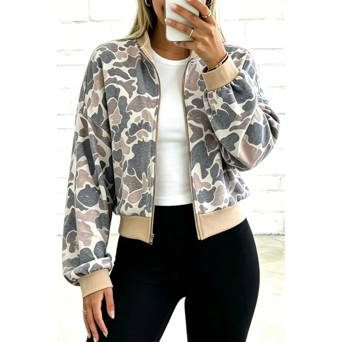 Multicolour Camouflage Print Color Block Trim Zip Bomber Sweatshirt Coats Fabric Jackets Lightweight