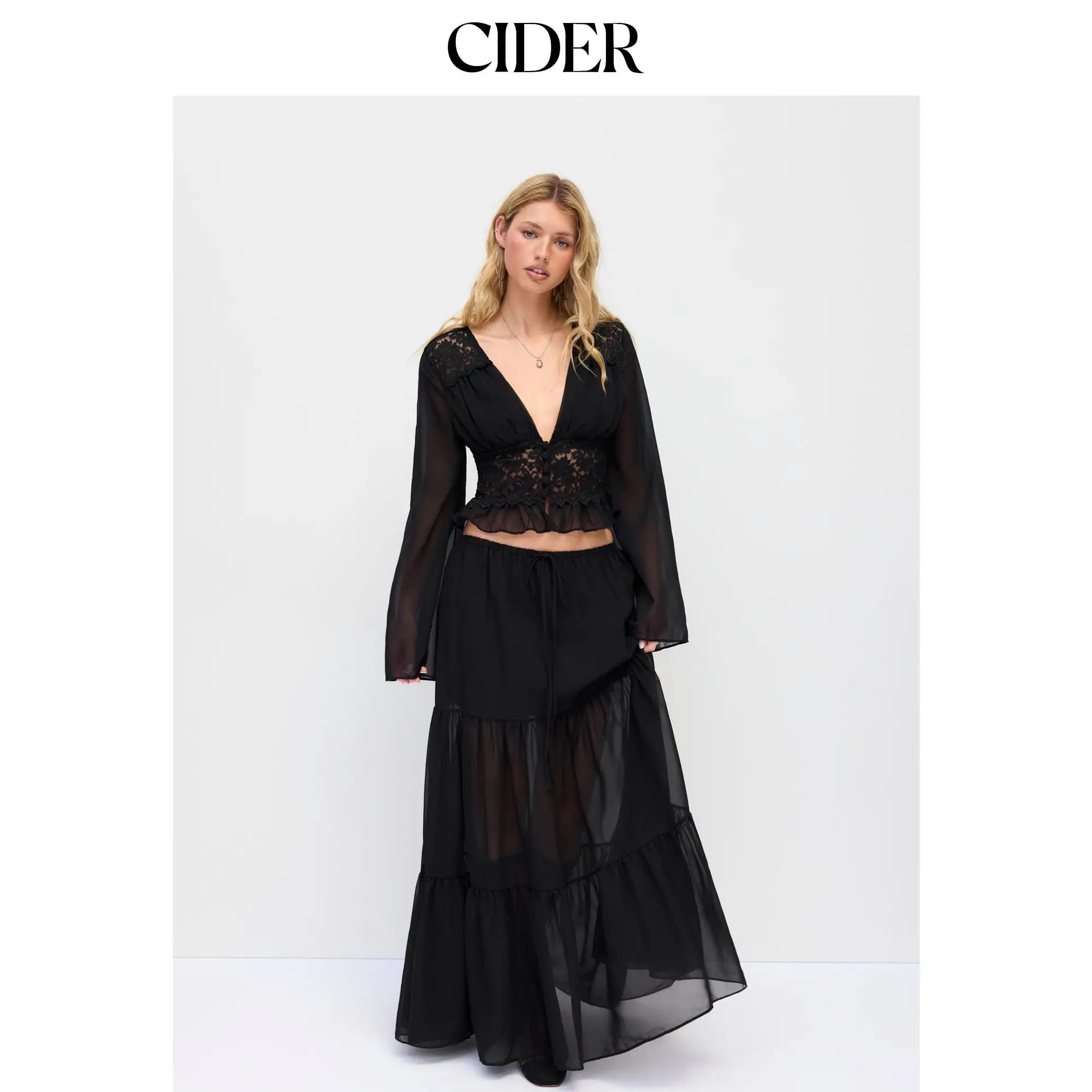 Cider Chiffon Lace V-neck Bell Sleeve Blouse & Mid Rise Tiered Maxi Skirt Set SohoChic
