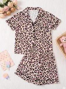 Cute Kids Pajama Set, 2-Piece with Button Front Top and Elastic Waist Shorts, Leopard Print, Gift Idea