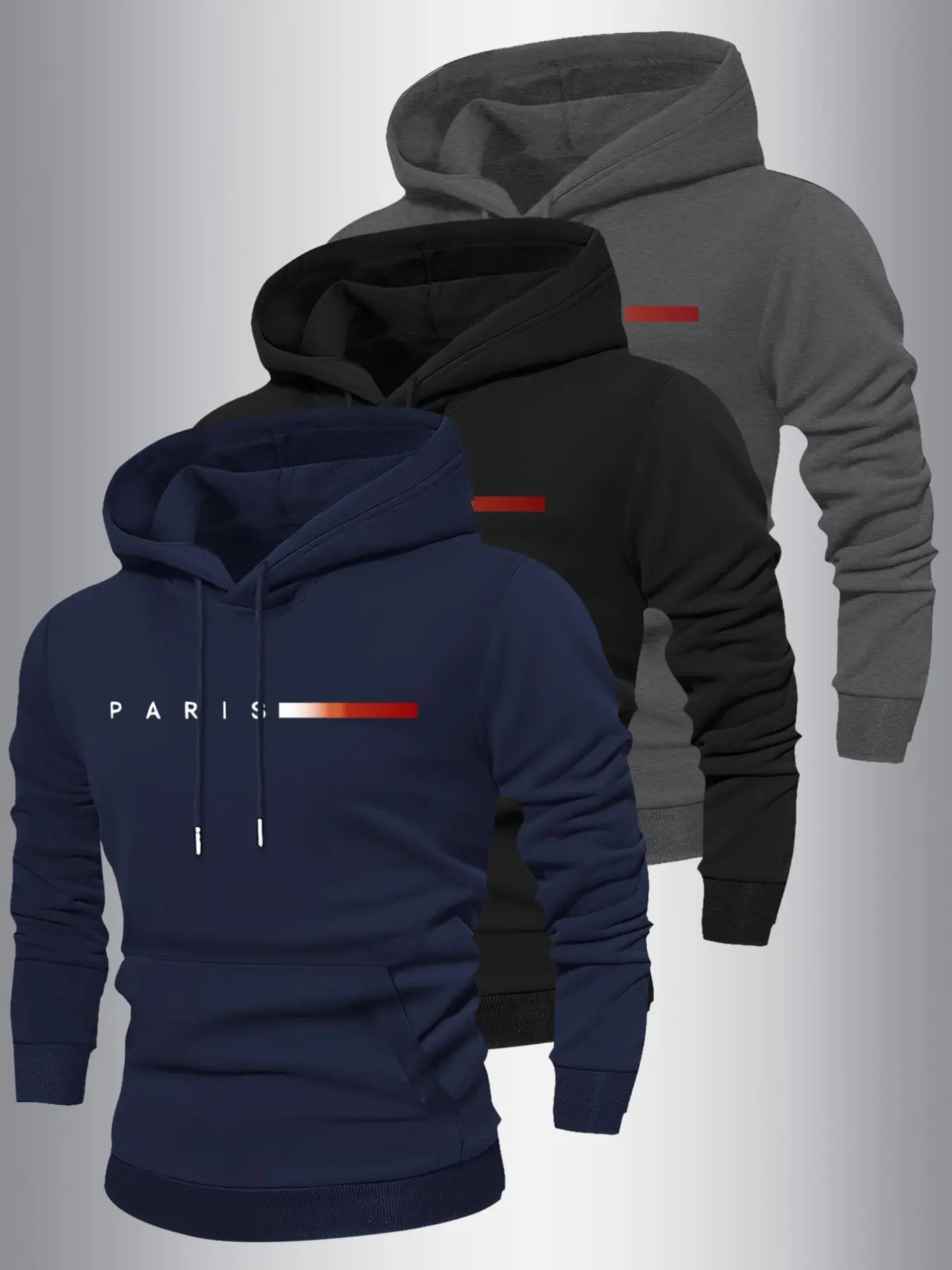 3-Pack Men's Hooded Sweatshirts, Long Sleeve, Unisex Street Style, Polyester Knit, Kangaroo Pocket, Soft Lining, Fall Winter Essential