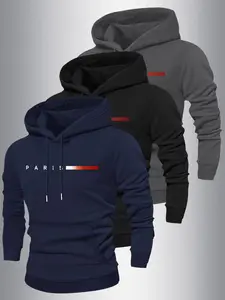 3-Pack Men's Hooded Sweatshirts, Long Sleeve, Unisex Street Style, Polyester Knit, Kangaroo Pocket, Soft Lining, Fall Winter Essential