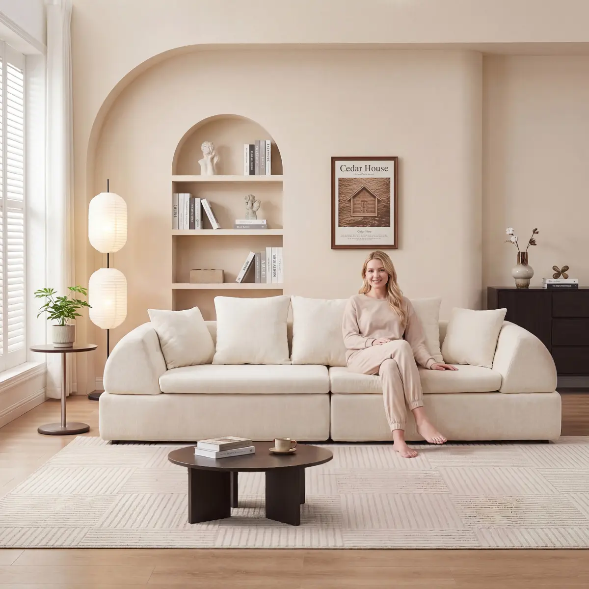 104 Inch Modular Cloud Sofa, Bouclé Upholstered 4-Seat Sofa with Curved Round Arms,Modern Deep Seat Couch with 4 Throw Pillows for Living Room,No Assembly Required,White