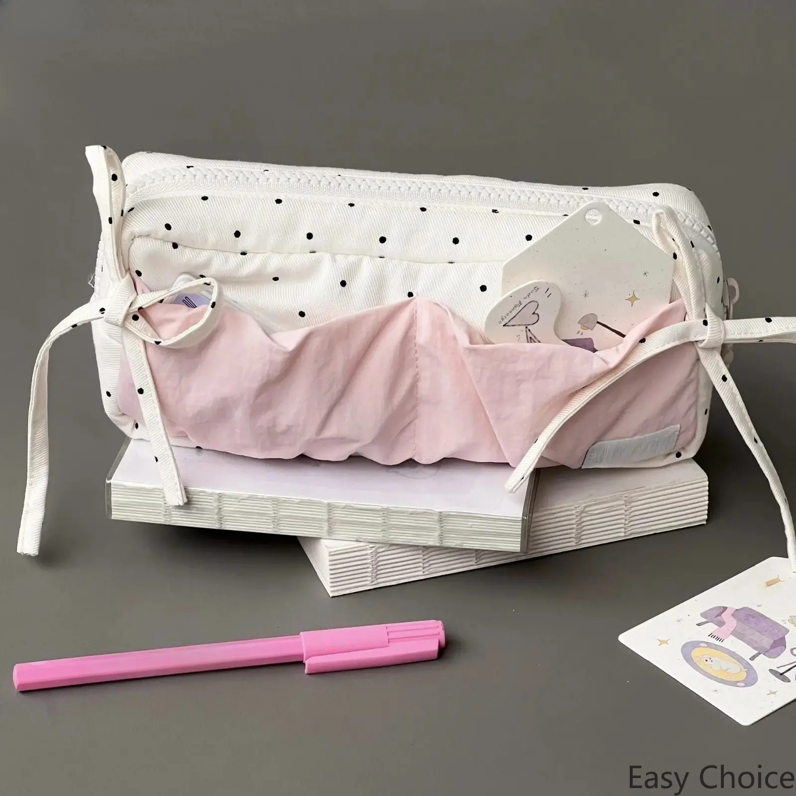Girls' Aesthetic Minimalist White Polka‑Dot Large‑Size Pencil Pouch, Zippered Stationery Supplies Case, Multi‑Purpose Fashion Pouch for Back‑to‑School Stationery Storage, Daily Use & Cosmetic Organizing