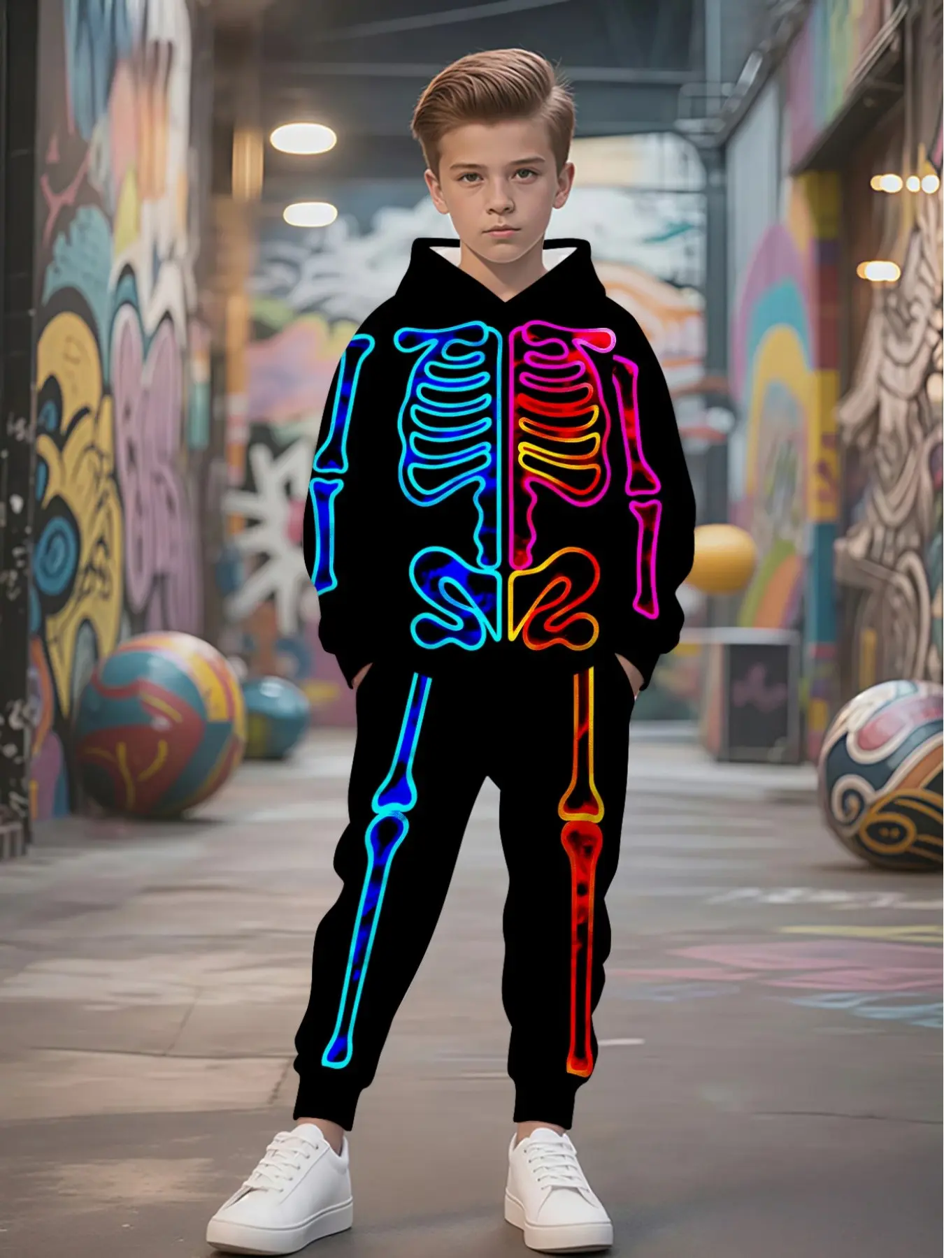 Boys' Neon Skull Print Hoodie and Pants Set, Streetwear Casual, Halloween Costume, Daily Wear, Trendy Kids Fashion