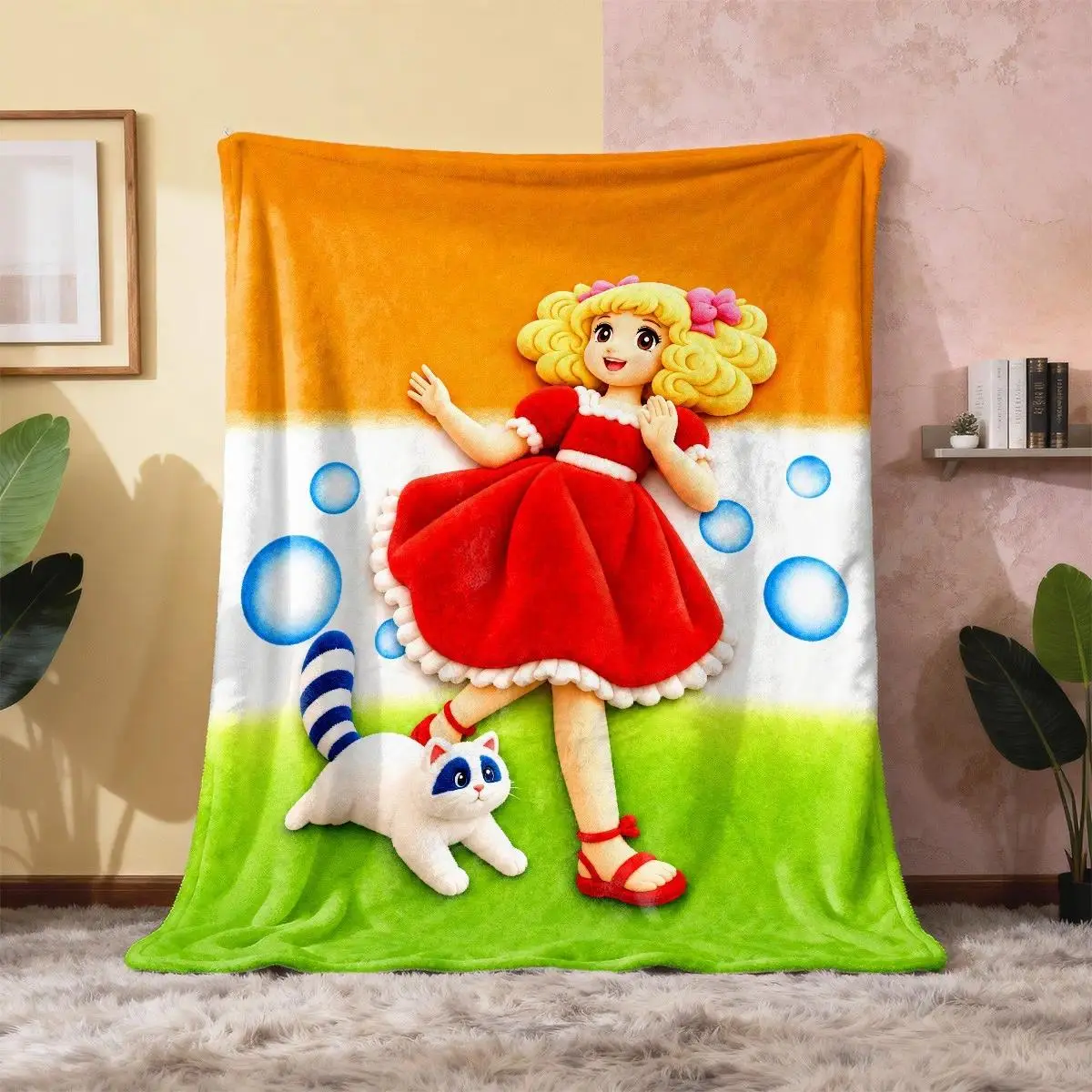 Colorful Cartoon Girl Cat Flannel Blanket, Blonde Doll Red Dress White Cat Bubble Print Soft Warm Throw for Sofa Bed Office Camping Travel Birthday Christmas Gift
