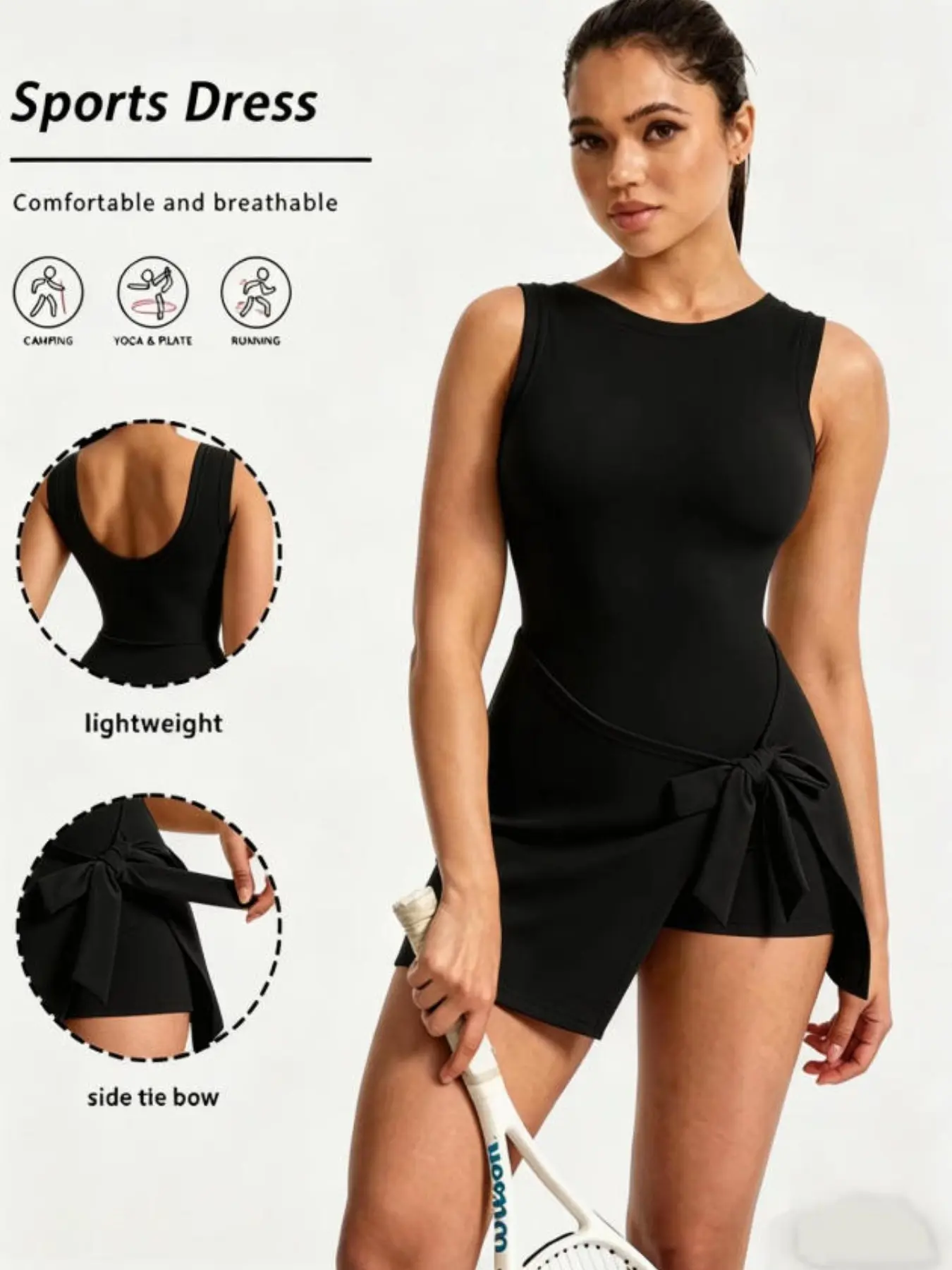Women's High Stretch U-Back Sporty Lightweight Romper, Fake Two-Piece Butterfly Hem, Fashionable Casual Tennis, Above the Knee Length