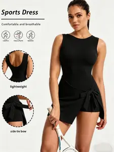 Women's High Stretch U-Back Sporty Romper, Fake Two-Piece Butterfly Hem, Fashionable Casual Tennis, Above the Knee Length