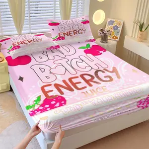 3-Piece "Bad B*tch Energy" Cherry Juice Fitted Sheet Set, 1 Fitted Sheet+2 Pillowcases, Soft Cozy Fabric, Deep Pocket, Bubblegum Pink Girly Bedding for Bedroom