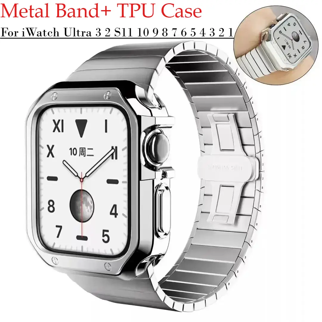 Luxury Stainless Steel Strap Metal Band+ TPU Full Protective Case Cover Fit for iWatch Ultra 3 2 1 Series 11 10 9 8 7 6 5 4 3 2 1 SE3 SE2 SE Apple Watch ( Series 1 2 3 ) 42mm 44mm 45mm 46mm 49mm Shell Bumper Link Bracelet Wristband Accessories Replacement