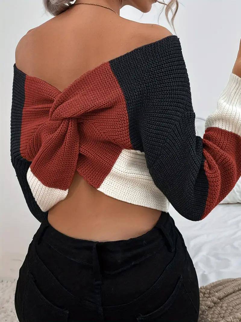 Elegant Off-Shoulder Colorblock Knit Sweater Top, Casual V Neck Twist Design, Spring & Fall Fashion, Fitted Medium Fabric, Knitwear