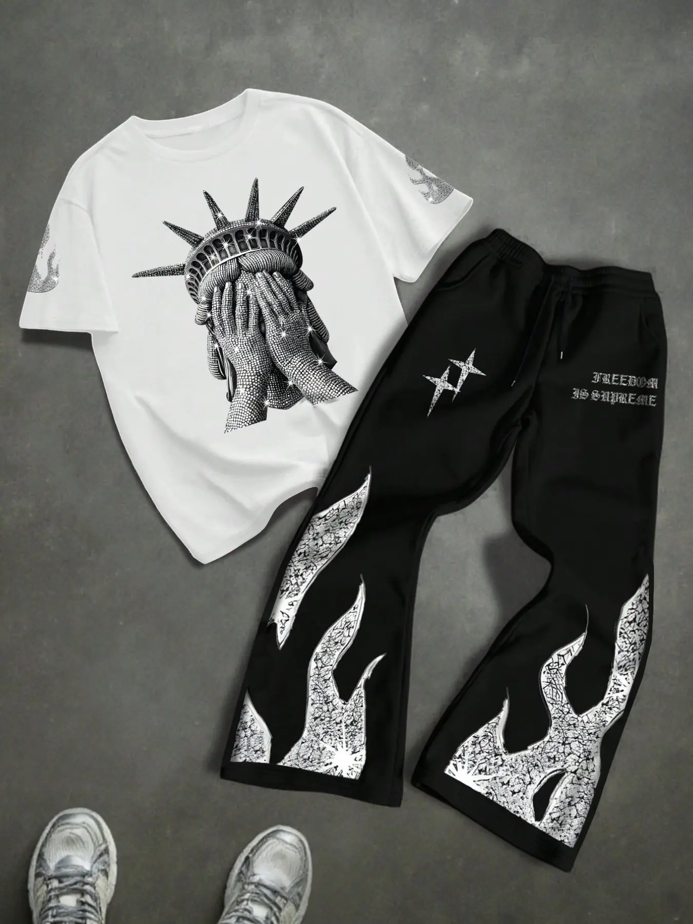 Men's Graphic Print Short Sleeve Top and Flame Pattern Drawstring Streetwear Jogger Set, Casual Loose-Fit Fashion for All Seasons