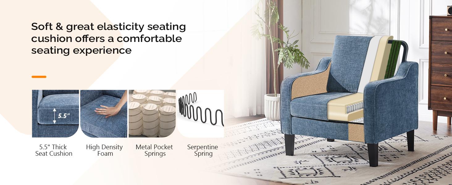 VINGLI Chair Upholstered Chenille Accent Chair for Living Room, Bedroom, Mid-Century Modern Arm Chair Comfy Reading Chair with Scooped Arms