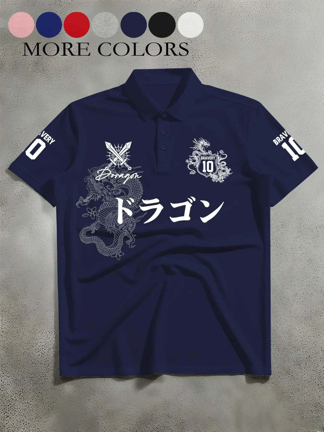 Men’s American casual street style polo shirt with short sleeves, featuring Japanese-style line drawings of auspicious dragons and Japanese numeric sleeve prints. Perfect for everyday commuting and casual wear.