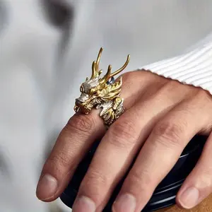 Men's Vintage Gold Anti-Tarnish Dragon Carve Open Band Ring, Bold Fashion Party Costume Jewelry Accessory