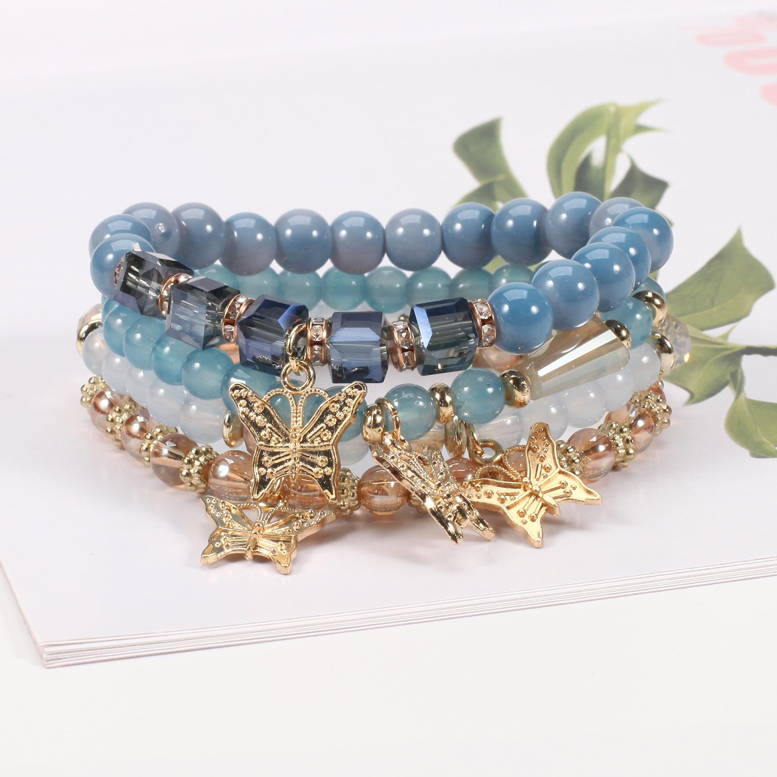 Bohemian Multi-Layer Butterfly Hoisting Bracelet Handmade Beaded 4 Pieces Set Artificial Crystal Glass Diamond Bracelet Daily Wear Unisex Fashion Jewelry