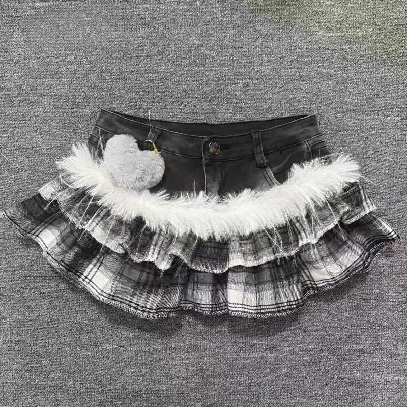 Y2K Gothic Grunge Denim Skirts Women Subculture Retro Punk Print Mini Skirt Vintage Streetwear Fashion Faux Fur Patchwork Skirt Y2K Gothic Grunge Denim Skirts Women Subculture Retro Punk Print Mini Skirt Vintage Streetwear Fashion Faux Fur Patchwork Skirt