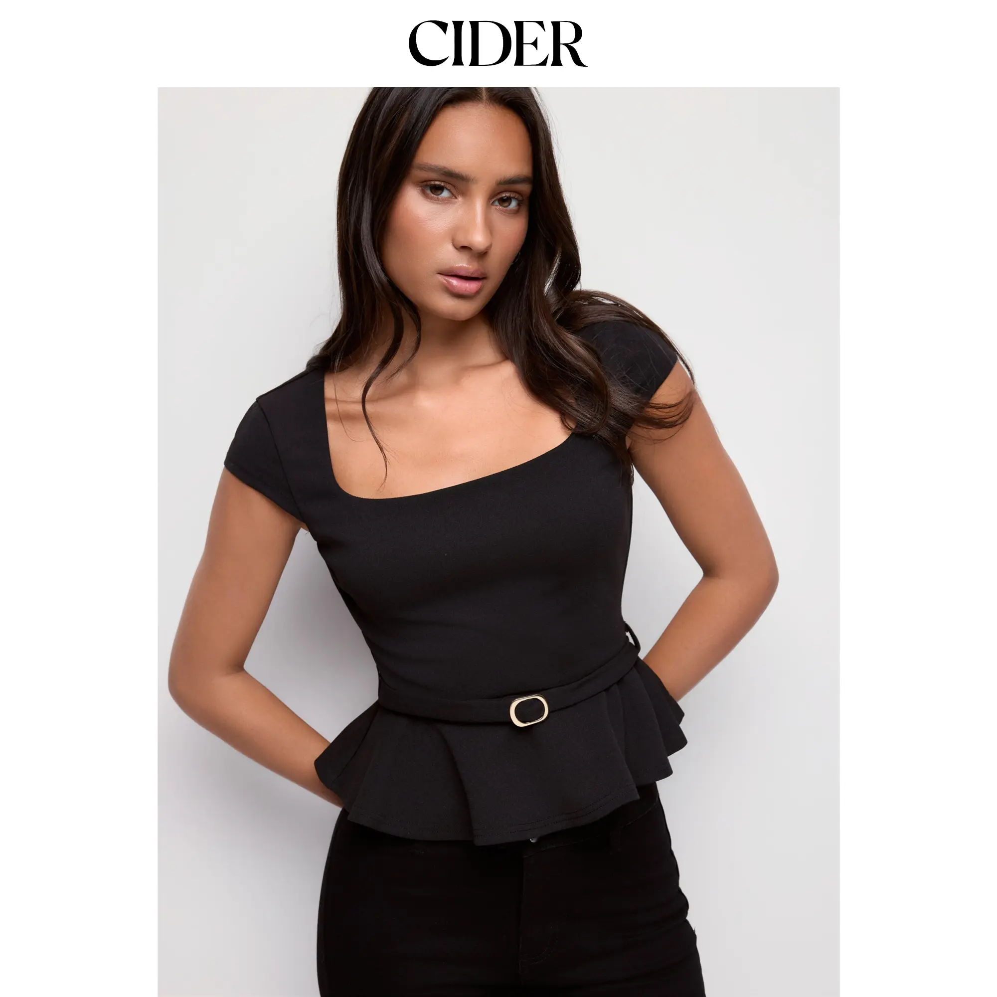 Cider Scoop Neck Ruffled Peplum Belted Metal Detail Top