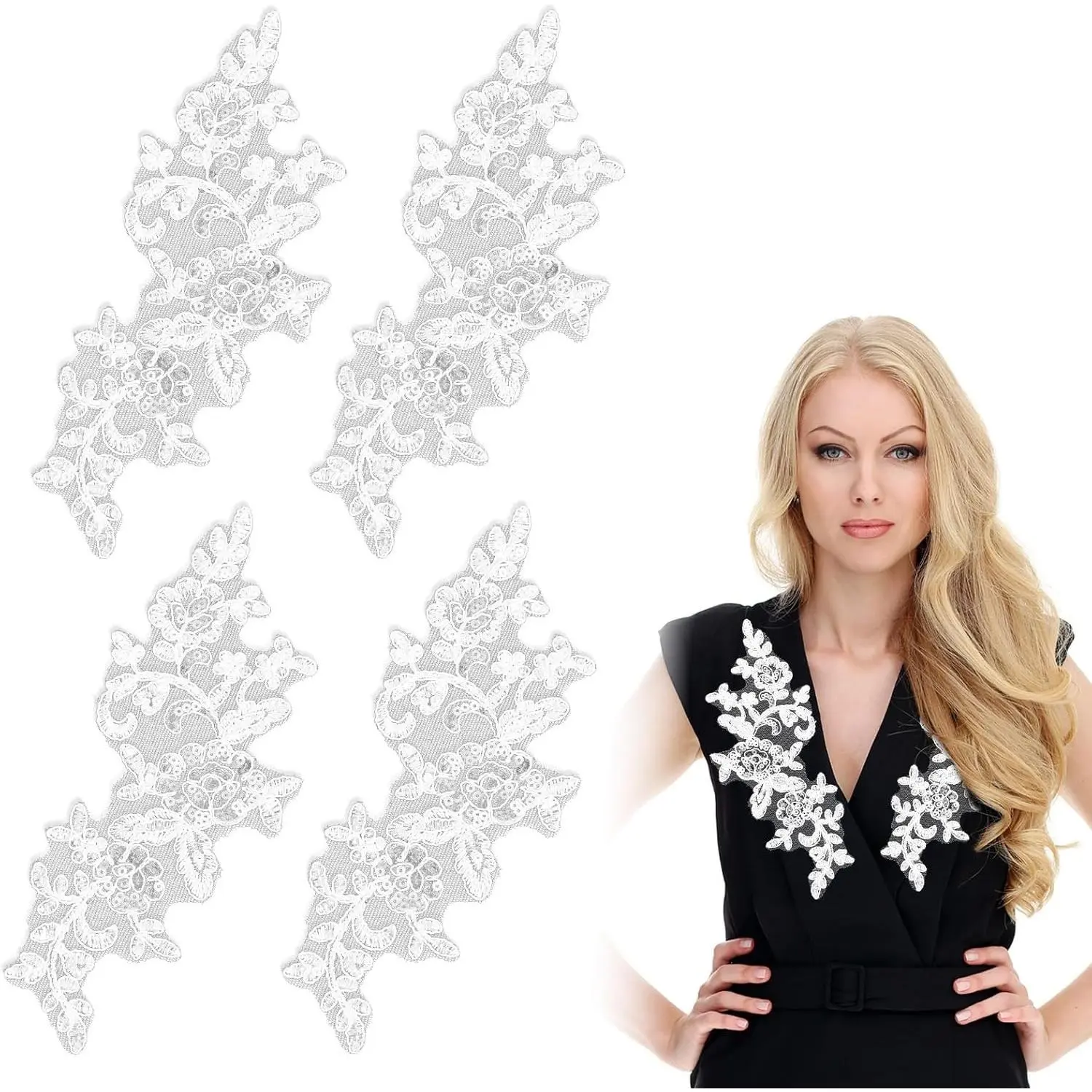 4 PCS Sequin Embroidered Lace Patches White Laces-Applique Patches Lace Flowers Applique Leaf Flowers Sewing for Clothing Bags DIY Accessory Craft (White)
