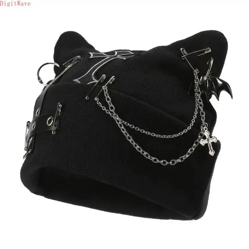 Women's Punk Gothic Cat Ear Knit Beanie with Chain & Bat Charm Detail, Adjustable Roll-Up Winter Streetwear Accessory, One Size Fits Most (21.2-22.8in) for Gifting Occasions