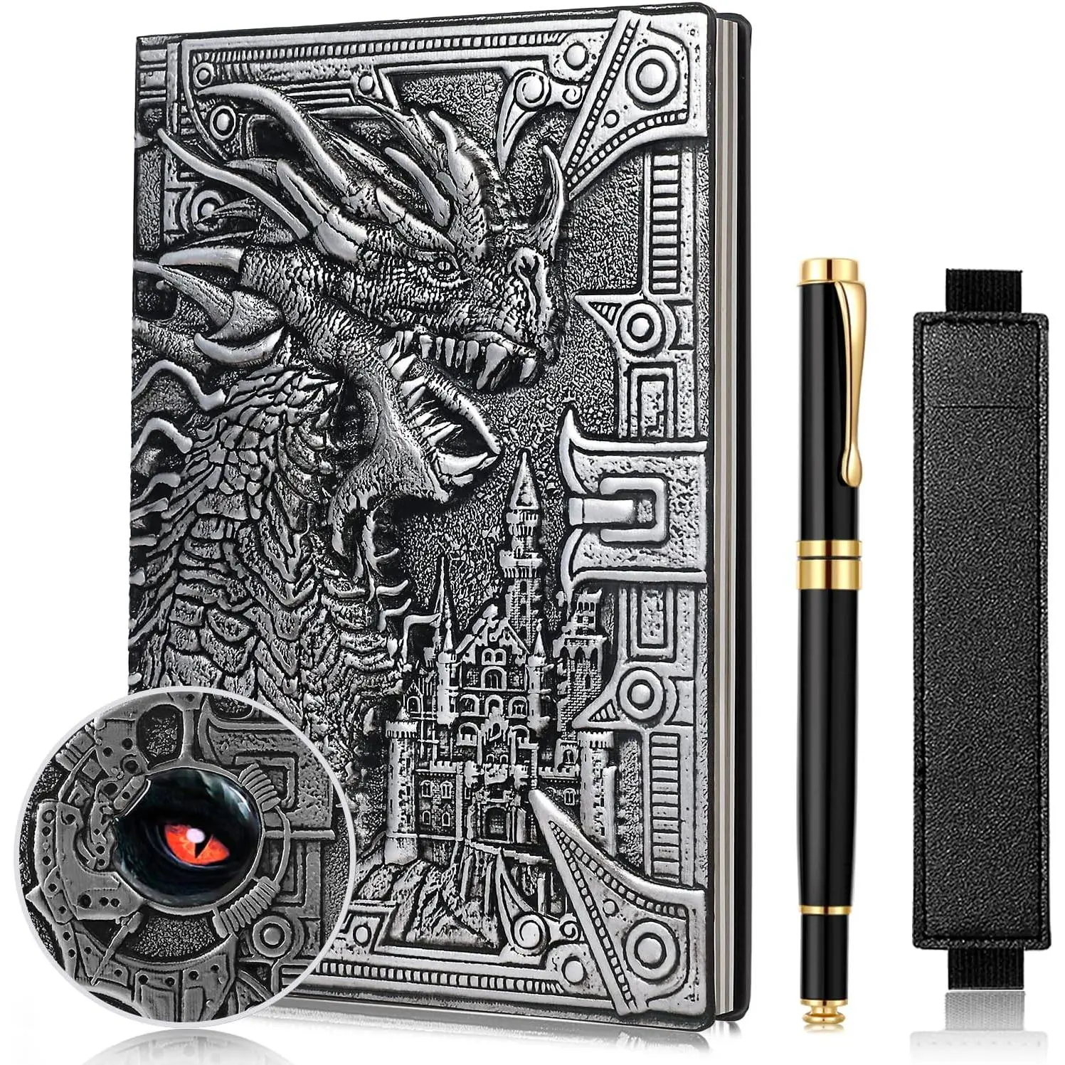 Dragon Embossed Leather Notebook DND Notebook Travel Journal with Black Ballpoint Pen and Pen Sleeve.Antique  A5 Journal,Hardcover Liner,Writing Notebook  for Men&Women()