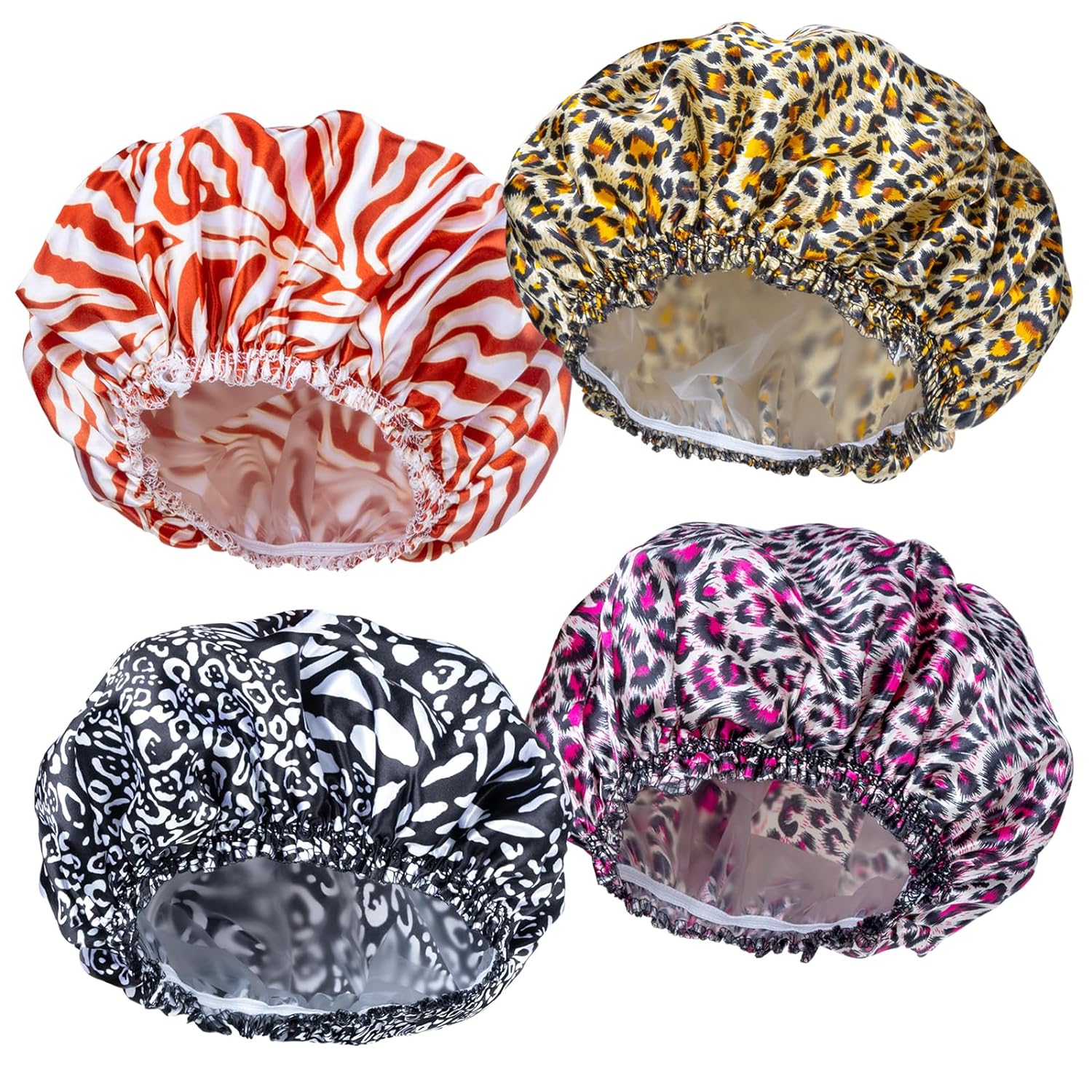 4 PCs reusable shower caps for women-double waterproof elastic bath caps, printed color, double layer design body bonnet hat light Set Plastic