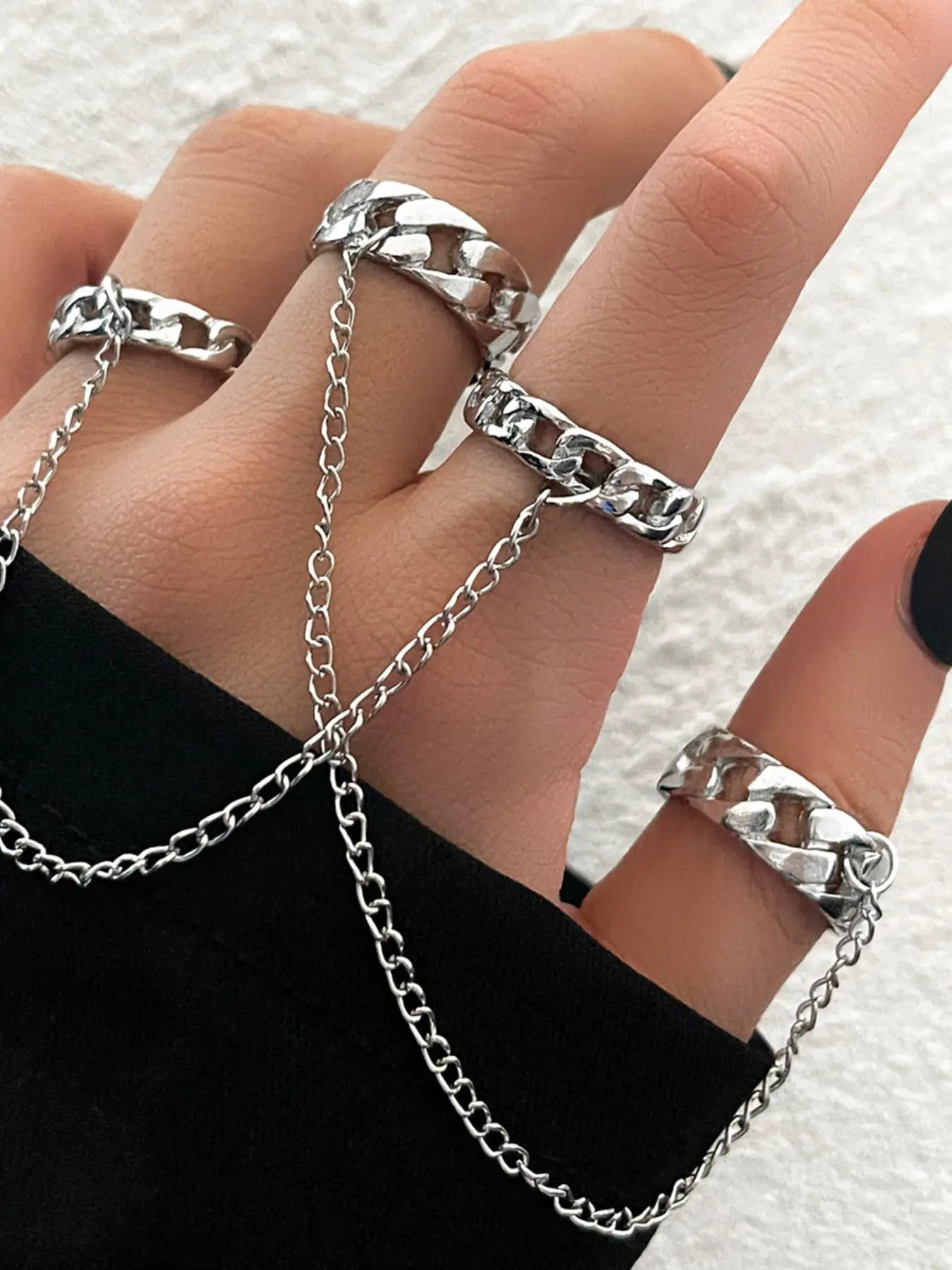 2Pcs Silver Cuban Link Connected Rings for Women Men, Gothic Adjustable Multi-finger Chain Rings Set, Punk Grunge Y2K Aesthetic Jewelry, Adjustable Statement Rings