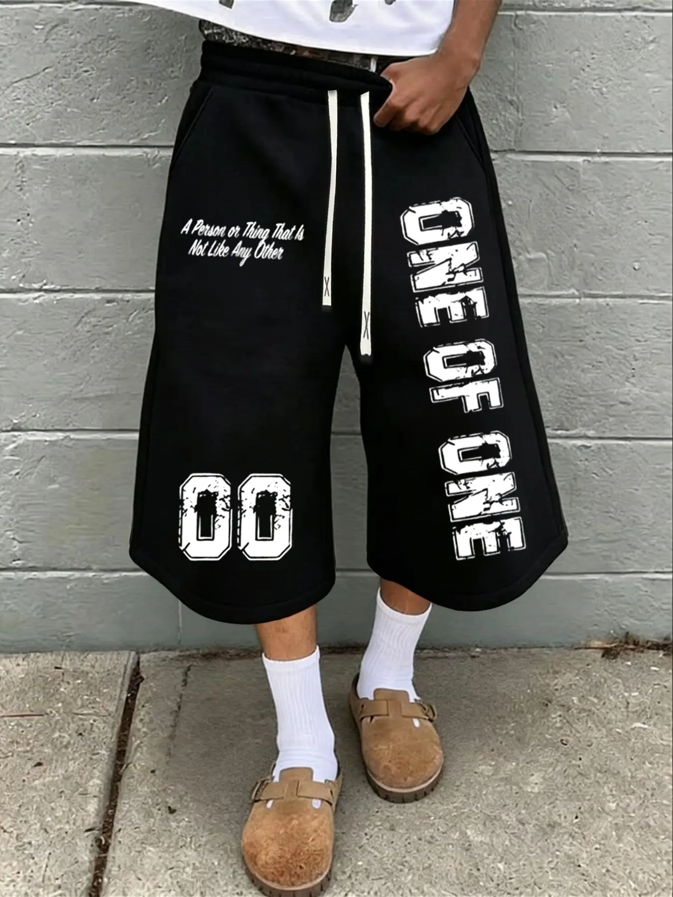Drawstring Elastic Knee-Length Sweat Shorts, Distressed ONE OF ONE Letter & Number 00 Text Print, Wide Loose Fit Soft Street Bermuda Shorts for Skate Hip Hop Daily Casual Matching Outfits#StreetwearShorts #HipHopBermudas #LetterPrintBottoms #SkateCasual