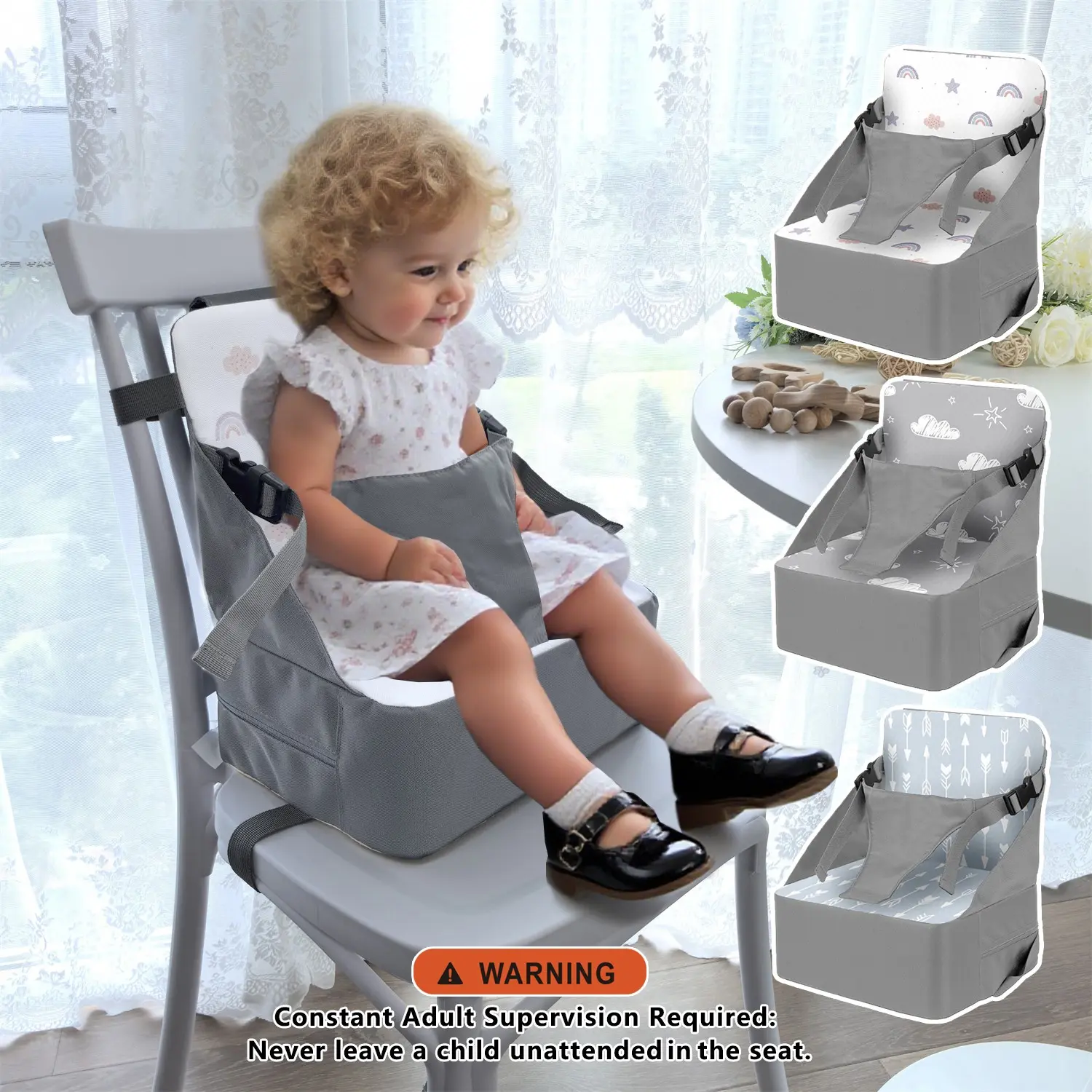 Toddler Booster Seat Cushion for Dining Table and Kitchen Chair, Portable Child High Chair Pad with Adjustable Safety Belt, Under 15kg