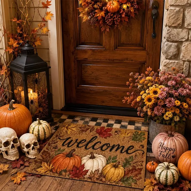 Autumn Pumpkin Maple Leaf Welcome Mat, Flannel Material, Non-Slip Comfortable Easy Clean, Home Decor for Entryway Bedroom Living Room Kitchen Bathroom Halloween Festival