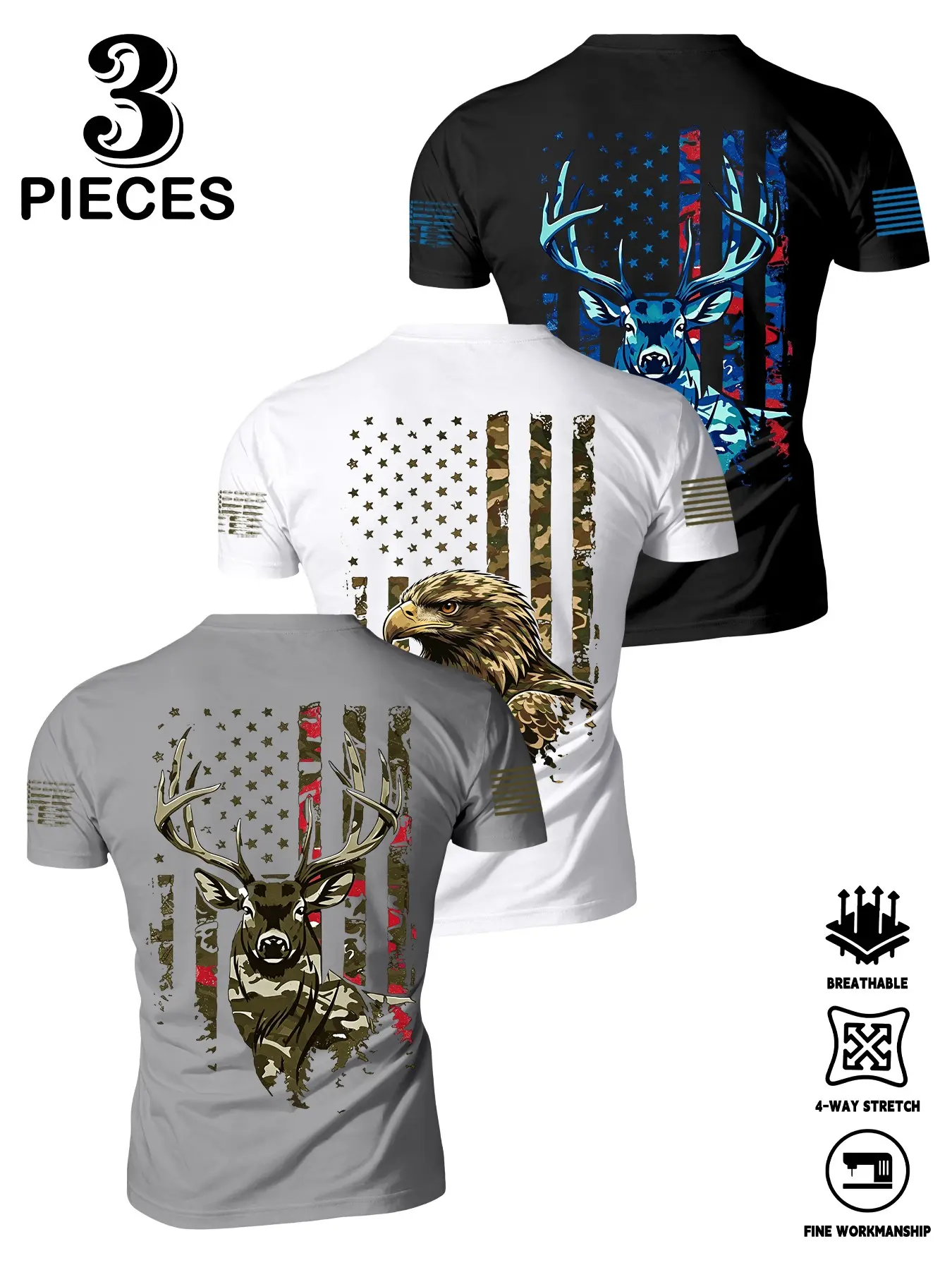 Summer Men's 3-Piece Set, American Flag Moose Eagle Theme Short Sleeve T-Shirts, Fashion Loose Fit Outdoor Hunting Sports Elastic Breathable Tops