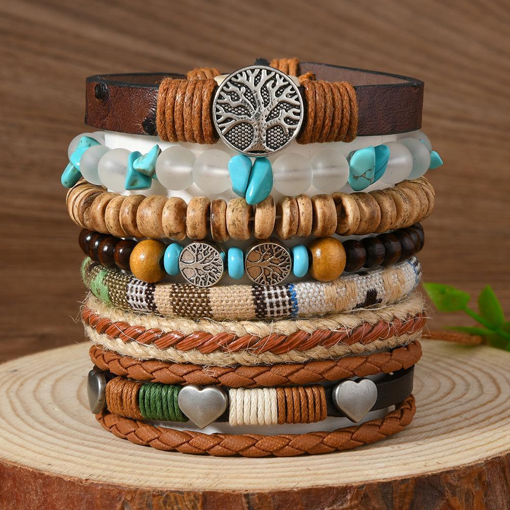 Boho Style Women's Multi-Layered Stackable Bracelet Set - Ethnic Retro Hand Jewelry with Tree Charm, Turquoise Beads, Ideal for Everyday Wear