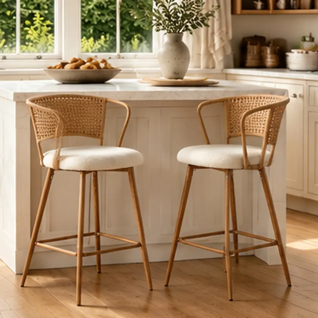 ARCH Set of 2 Sturdy Ergonomic Bar Stools - Rattan Backrest, Waterproof Fabric Upholstery, Metal Legs, Assembly Required, Mid-Century Modern Boho Counter Stools for Kitchen Island, Home Bar, Cream, 20.87x20.47x36.22in, Durable