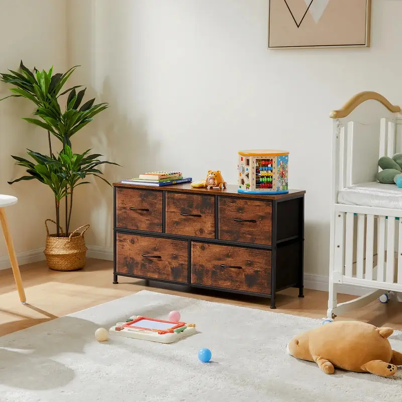Aobtkel Modern 5-Drawer Classic Rectangular Fabric Dresser - Steel Frame, MDF Board, Anti-Topple, Assembly-Required Indoor Storage, 66 lbs Capacity, Deep Drawer Space for Bedroom Baby Nursery