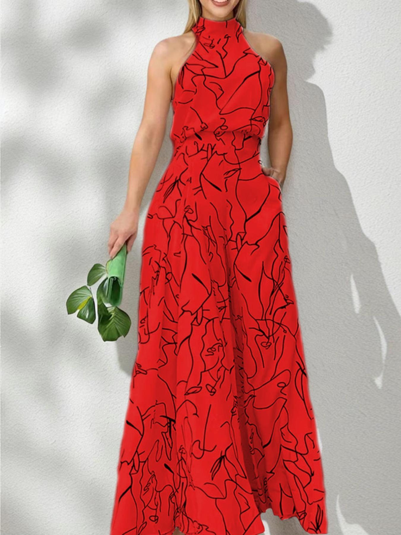 Women's All Over Print Pocket Tie Back Halter Jumpsuit, Casual Sleeveless Wide Leg Jumpsuit For Summer, Ladies Elegant Fashion Clothes for Beach Holiday Vacation Women's All Over Print Pocket Tie Back Halter Jumpsuit, Casual Sleeveless Wide Leg Jumpsuit For Summer, Ladies Elegant Fashion Clothes for Beach Holiday Vacation